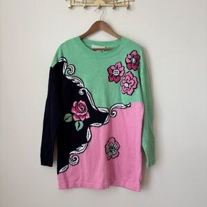 Escada Vintage Floral Sweater 40 Medium Oversized Pullover Pink Green